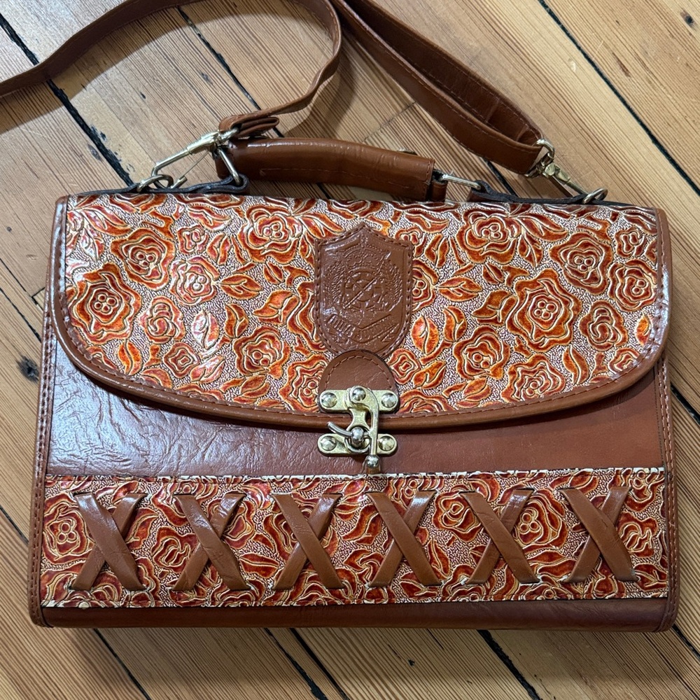 Dina Jordan 1970s Floral Embossed Brown Leather Shoulder Bag